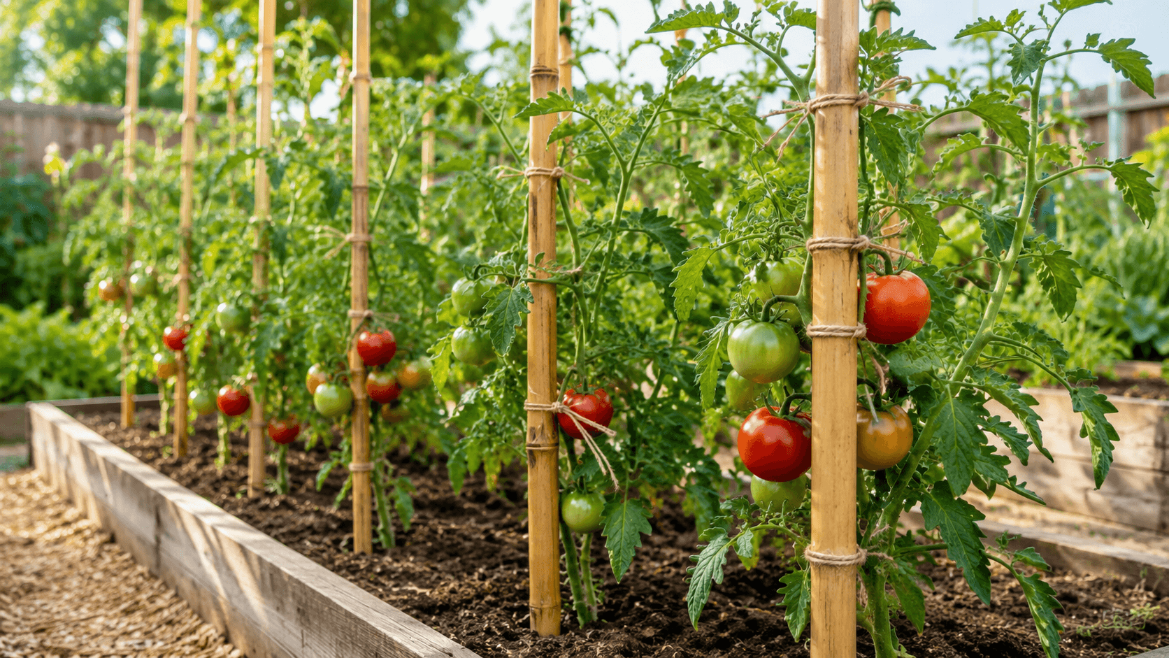 supporting tomato plant with bamboo stakes